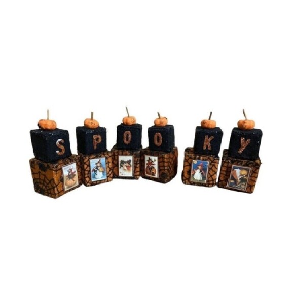 CBK Spooky Glitter Blocks Vintage Look Imperfect Halloween Decor - Picture 1 of 4